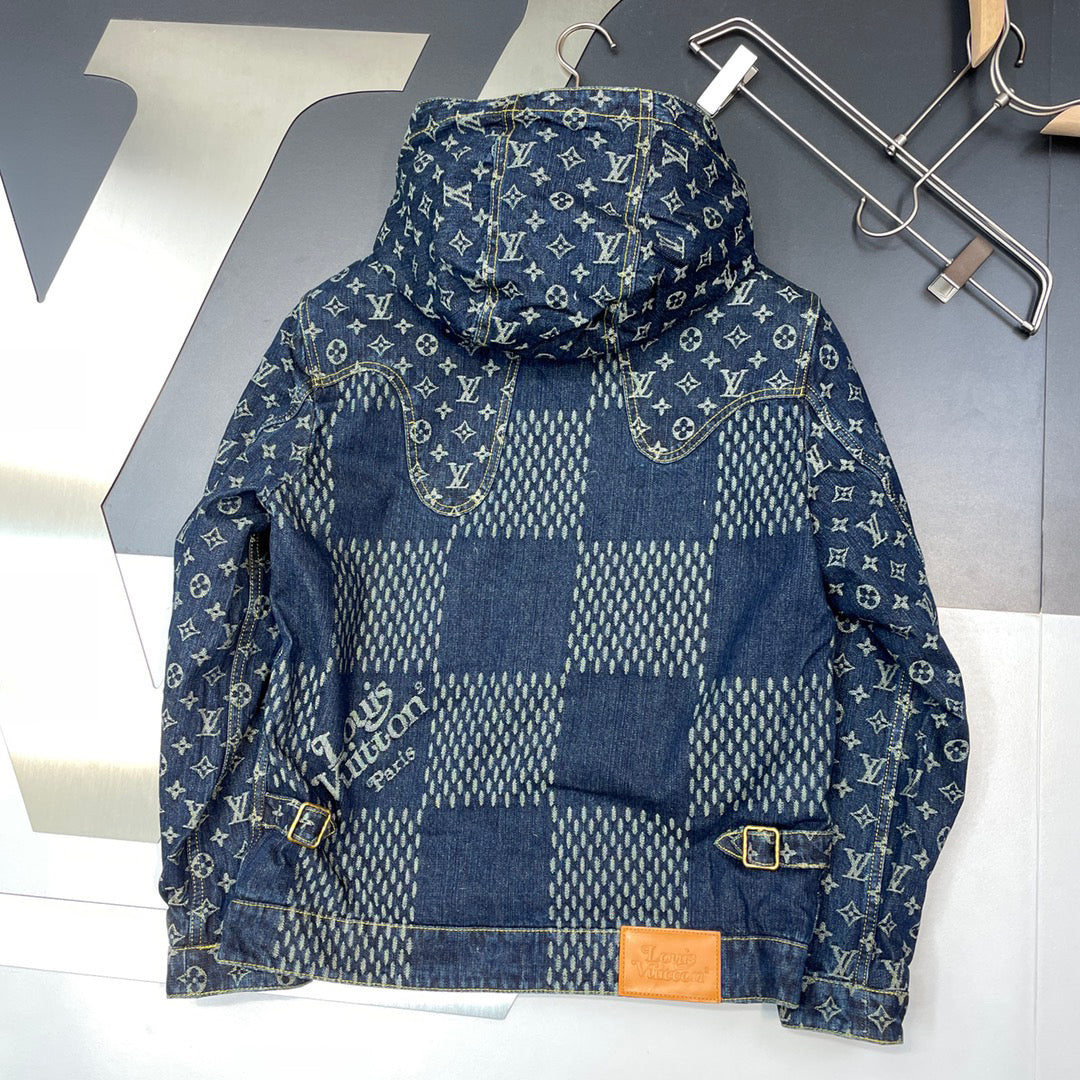 Checkerboard denim down jacket