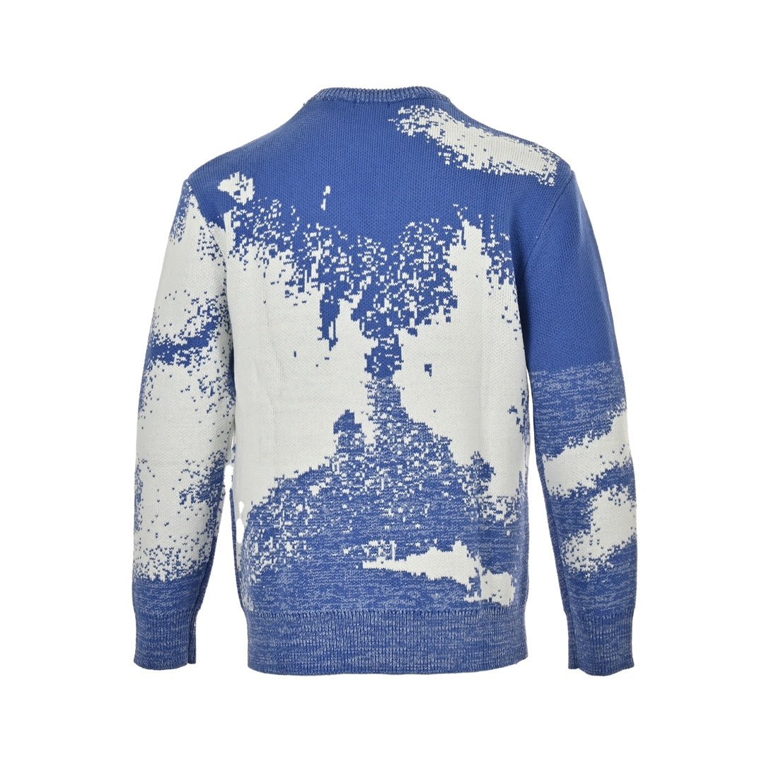 Blue sky and white clouds jacquard crew neck sweater